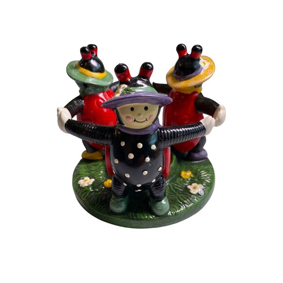 Ladybug Votive Tealight Candle Holder Trio Holding Hands Flower Garden Vintage - Picture 10 of 13
